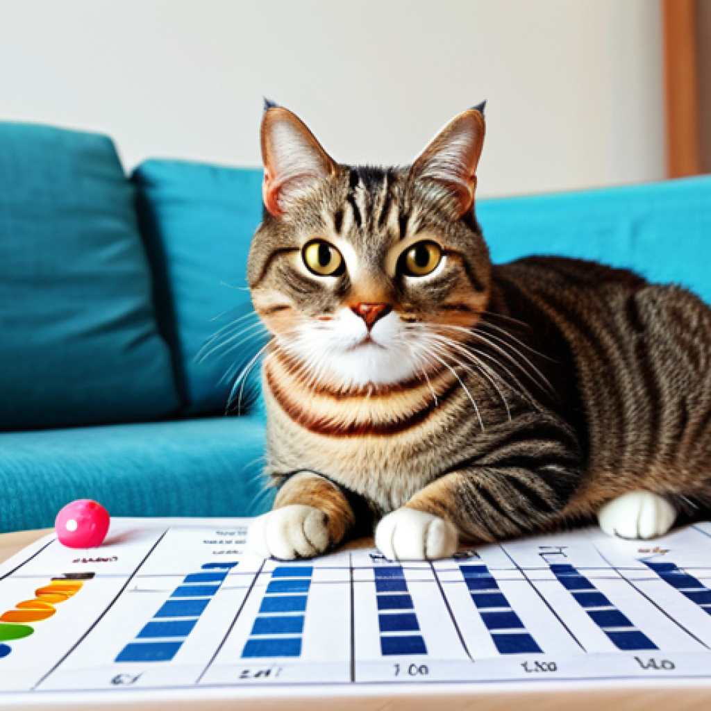 고양이 다이어트 플랜 - **Prompt:** "A fully clothed, happy cat owner using a Body Condition Score chart to assess their sli...