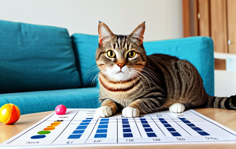 고양이 다이어트 플랜 - **Prompt:** "A fully clothed, happy cat owner using a Body Condition Score chart to assess their sli...