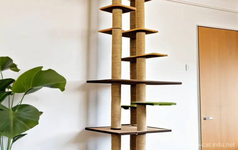 캣타워 디자인 추천 - **Prompt:** A serene, sun-drenched indoor scene featuring a fluffy ginger tabby cat peacefully loung...