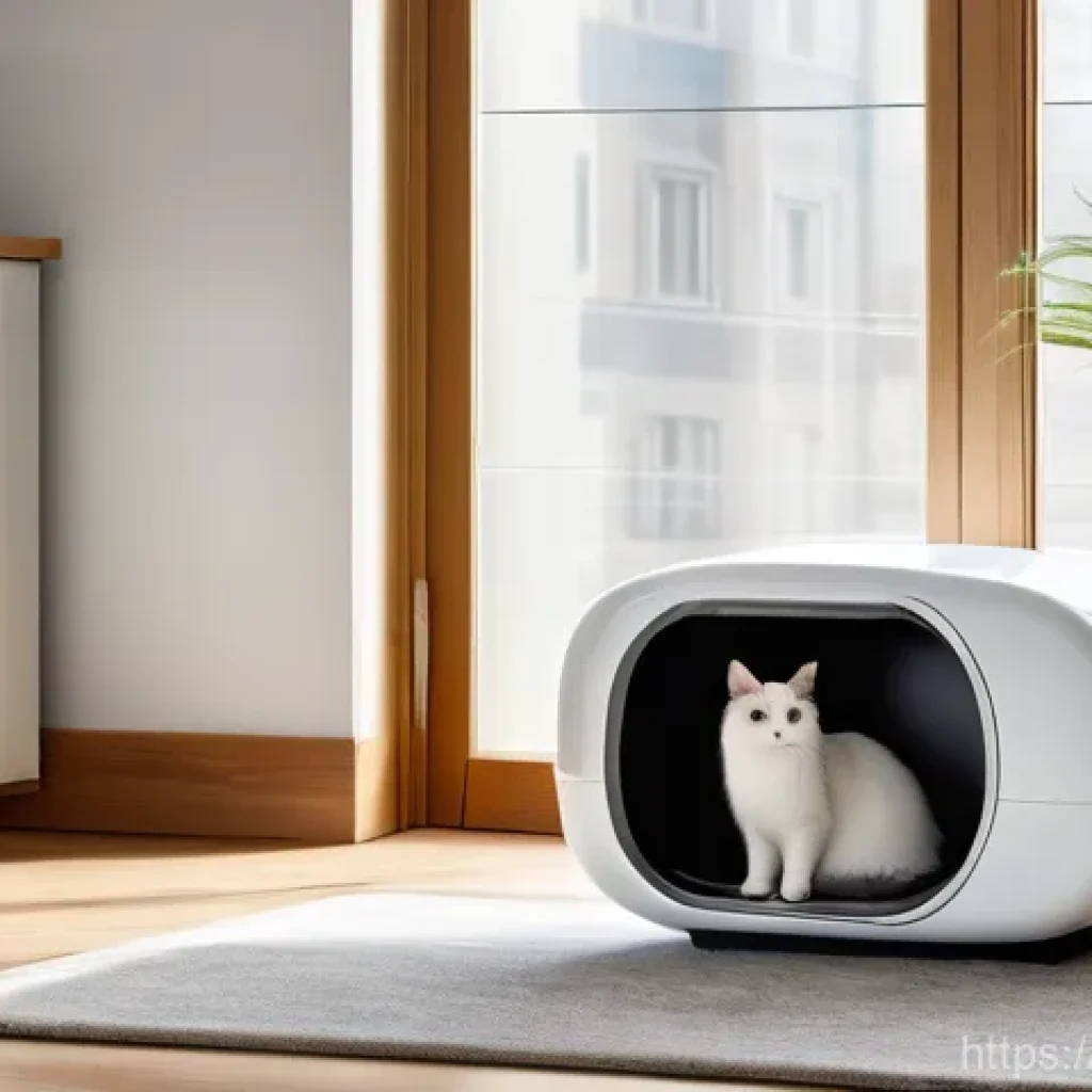 고양이 자동화장실 비교 - **Prompt:** A serene, ultra-modern living room scene featuring a sleek, drum-type automatic cat litt...