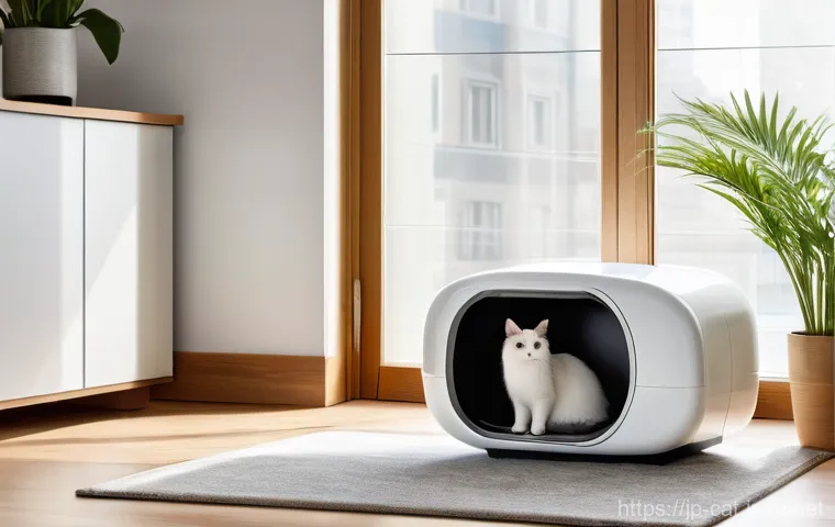 고양이 자동화장실 비교 - **Prompt:** A serene, ultra-modern living room scene featuring a sleek, drum-type automatic cat litt...