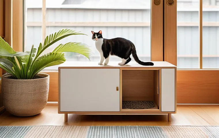고양이 자동화장실 비교 - **Prompt:** A serene, ultra-modern living room scene featuring a sleek, drum-type automatic cat litt...