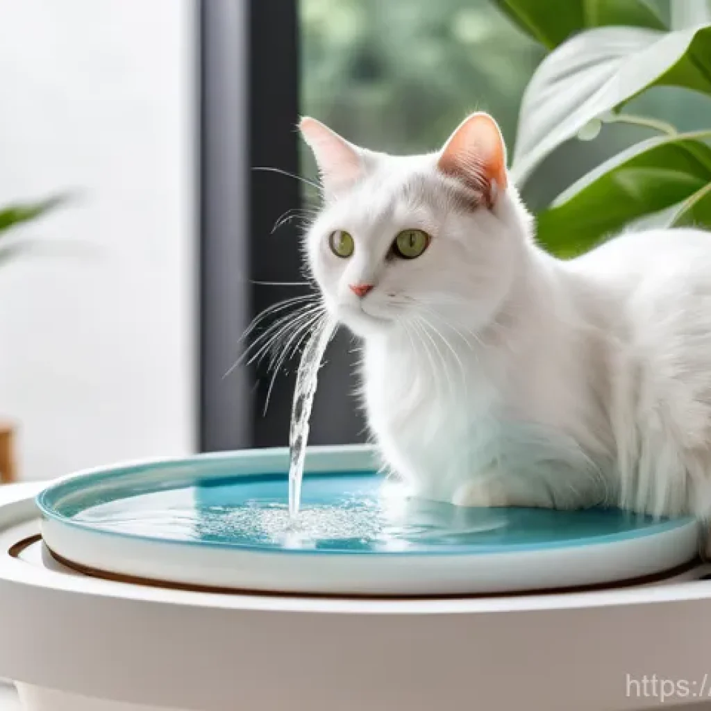 고양이의 물 섭취량 체크 - A beautiful, fluffy domestic cat with soft, clean fur, gracefully drinking fresh, clear water from a...