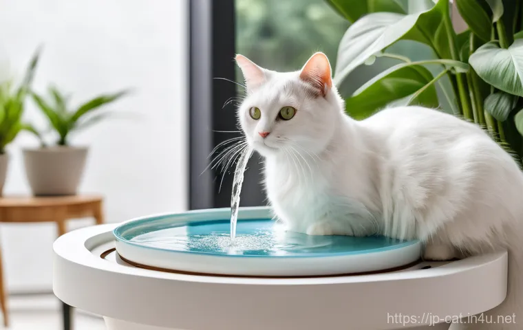 고양이의 물 섭취량 체크 - A beautiful, fluffy domestic cat with soft, clean fur, gracefully drinking fresh, clear water from a...