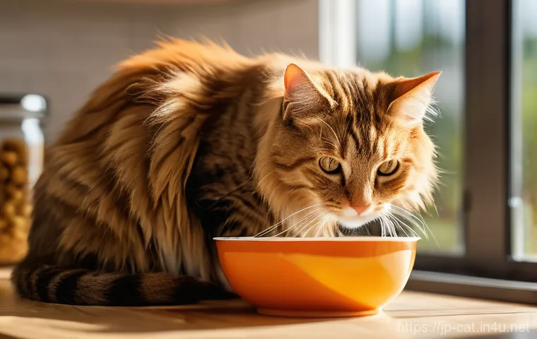 고양이의 물 섭취량 체크 - A playful tabby cat, alert and curious, contemplating two different water bowls placed strategically...