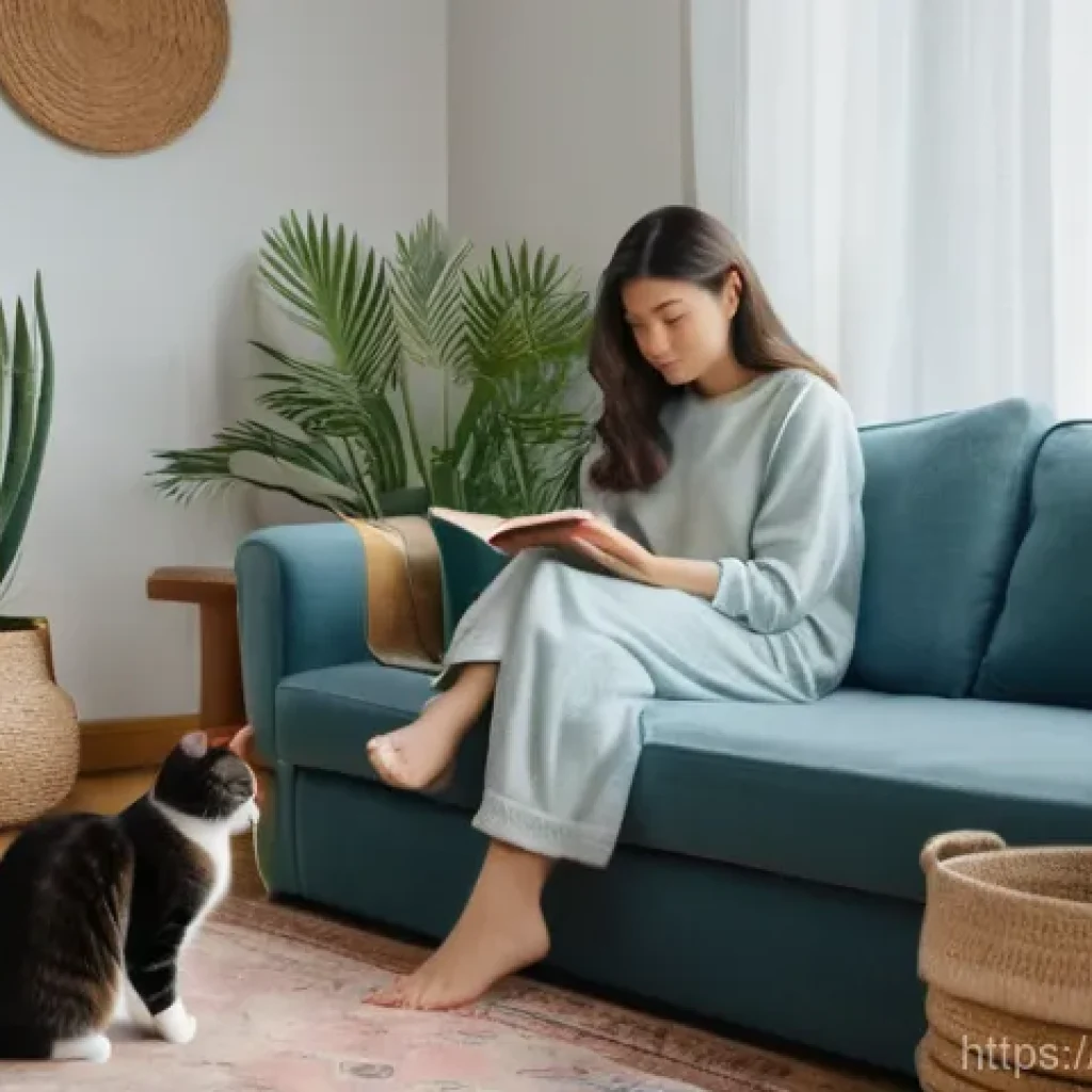 고양이 멘탈 건강 관리 - **Prompt:** A serene indoor scene depicting a thoughtful female cat owner in her late 20s, dressed i...