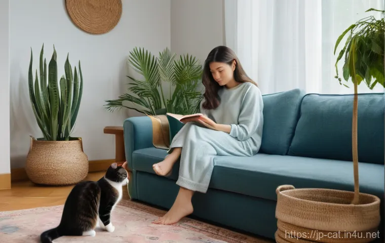 고양이 멘탈 건강 관리 - **Prompt:** A serene indoor scene depicting a thoughtful female cat owner in her late 20s, dressed i...