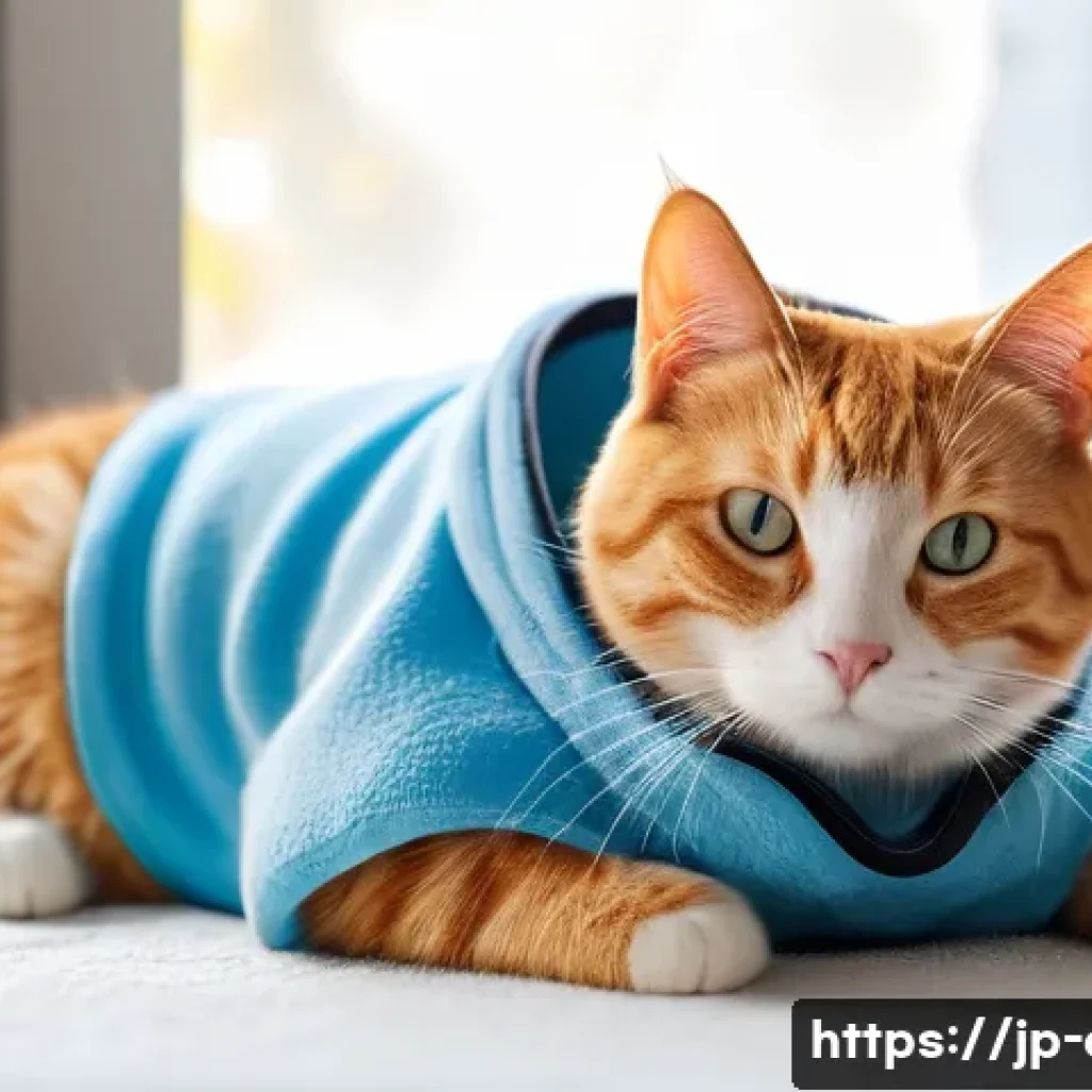 고양이 수술 후 관리 - **Prompt:** A cozy and serene indoor scene featuring a domestic shorthair cat, ginger tabby with whi...