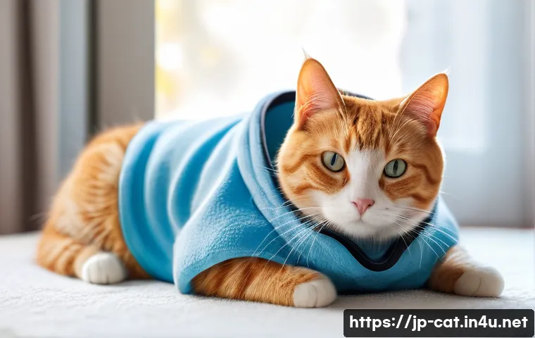 고양이 수술 후 관리 - **Prompt:** A cozy and serene indoor scene featuring a domestic shorthair cat, ginger tabby with whi...