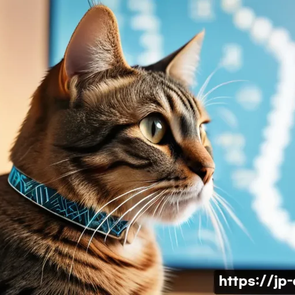 고양이 DNA 분석 키트 - A detailed close-up portrait of a domestic cat wearing a stylish collar, sitting calmly in a cozy mo...