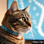고양이 DNA 분석 키트 - A detailed close-up portrait of a domestic cat wearing a stylish collar, sitting calmly in a cozy mo...