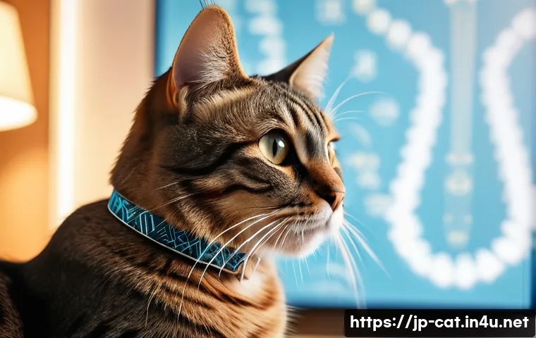 고양이 DNA 분석 키트 - A detailed close-up portrait of a domestic cat wearing a stylish collar, sitting calmly in a cozy mo...