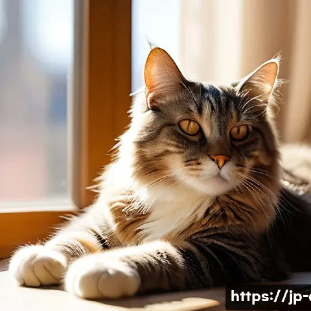 고양이의 일광욕 효과 - A serene indoor scene featuring a healthy adult domestic cat with soft fur lounging peacefully on a ...