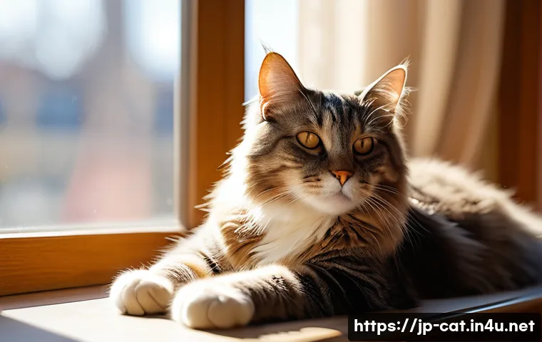 고양이의 일광욕 효과 - A serene indoor scene featuring a healthy adult domestic cat with soft fur lounging peacefully on a ...