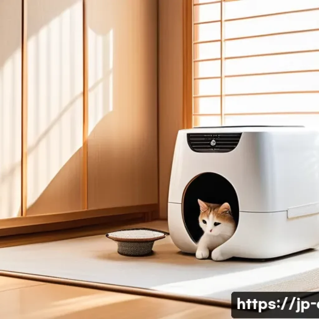 고양이 모래 먼지 차단법 - A cozy, modern Japanese-style living room corner featuring a sleek covered cat litter box with an ad...