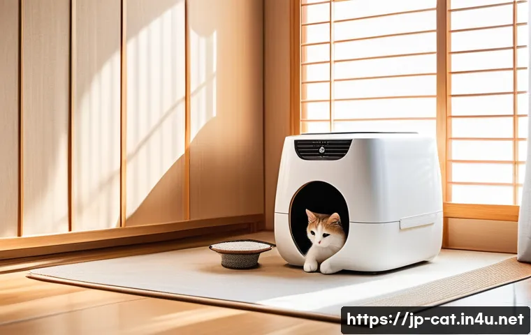 고양이 모래 먼지 차단법 - A cozy, modern Japanese-style living room corner featuring a sleek covered cat litter box with an ad...