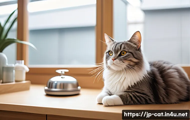 고양이 미용샵 선택 - A serene and clean cat grooming salon interior with natural sunlight streaming through large windows...