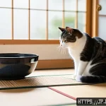 고양이 먹이 시간표 - A cozy Japanese-style living room with a well-groomed adult cat eating dry and wet cat food from sty...