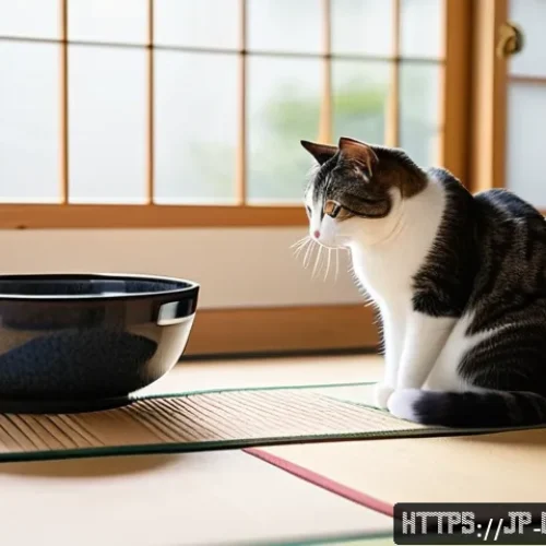 고양이 먹이 시간표 - A cozy Japanese-style living room with a well-groomed adult cat eating dry and wet cat food from sty...