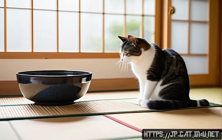 고양이 먹이 시간표 - A cozy Japanese-style living room with a well-groomed adult cat eating dry and wet cat food from sty...