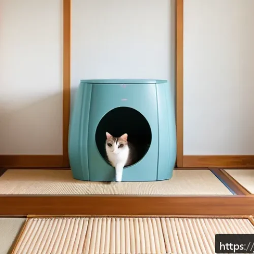 고양이 모래 종류 - A cozy indoor scene of a calm Japanese-style room featuring a well-maintained cat toilet area. The c...