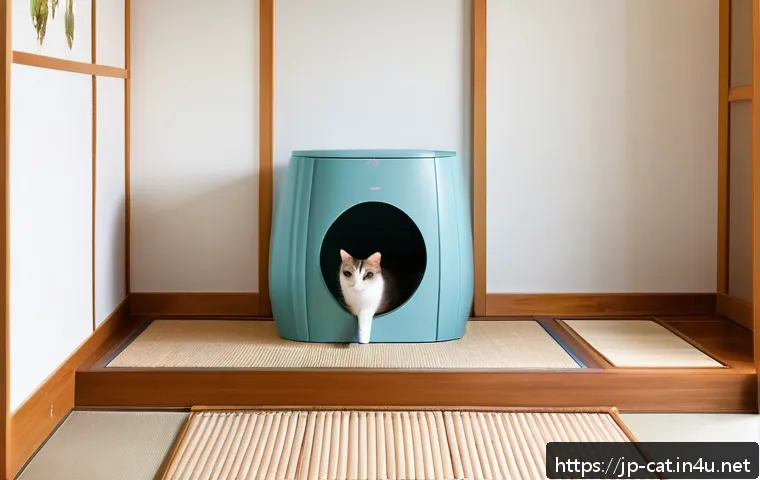 고양이 모래 종류 - A cozy indoor scene of a calm Japanese-style room featuring a well-maintained cat toilet area. The c...