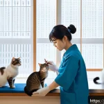 고양이 예방접종 종류 - A modern veterinary clinic setting in Japan, featuring a calm indoor cat wearing a soft collar and l...