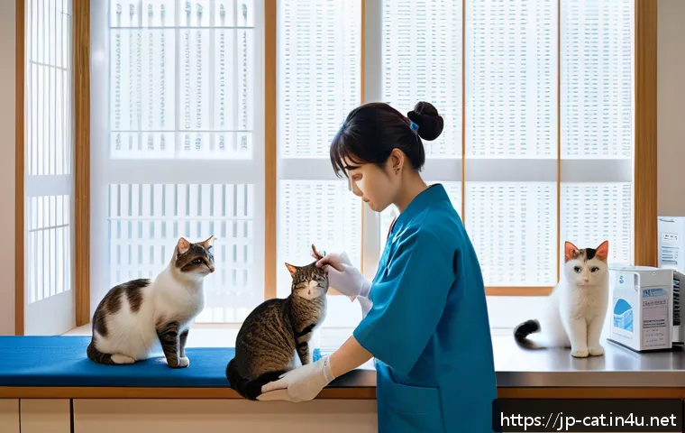 고양이 예방접종 종류 - A modern veterinary clinic setting in Japan, featuring a calm indoor cat wearing a soft collar and l...