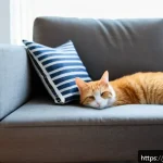 고양이 스트레스 원인 - A sensitive indoor cat hiding nervously under a sofa in a modern Japanese living room after furnitur...