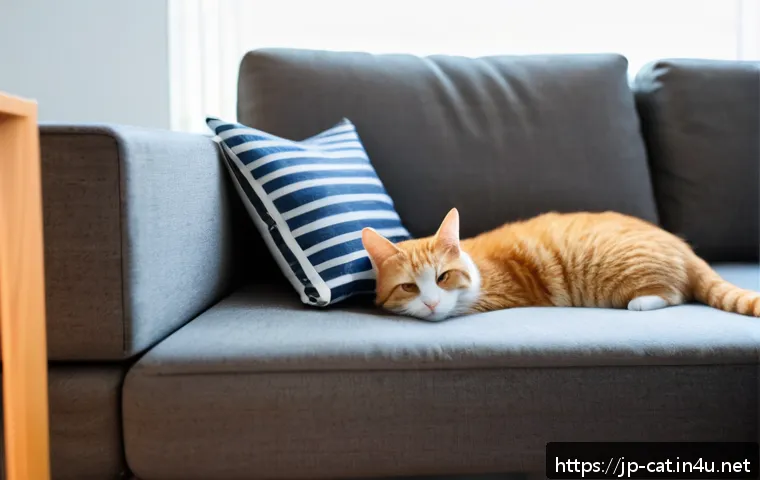 고양이 스트레스 원인 - A sensitive indoor cat hiding nervously under a sofa in a modern Japanese living room after furnitur...