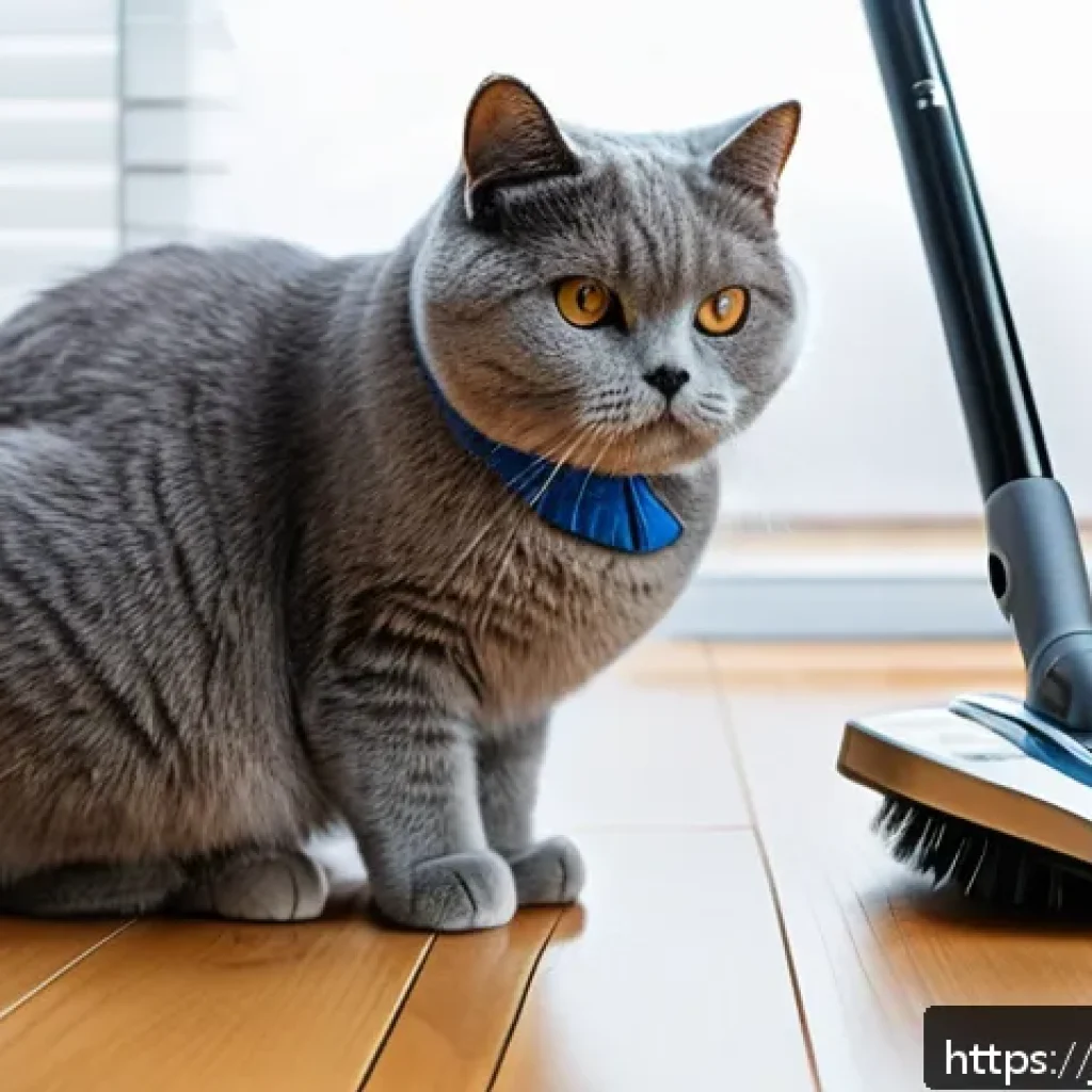 브리티시 숏헤어 털 빠짐 - A detailed scene of a British Shorthair cat during spring shedding season indoors, wearing a cute co...