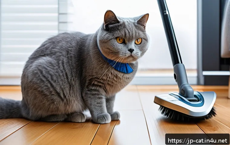 브리티시 숏헤어 털 빠짐 - A detailed scene of a British Shorthair cat during spring shedding season indoors, wearing a cute co...