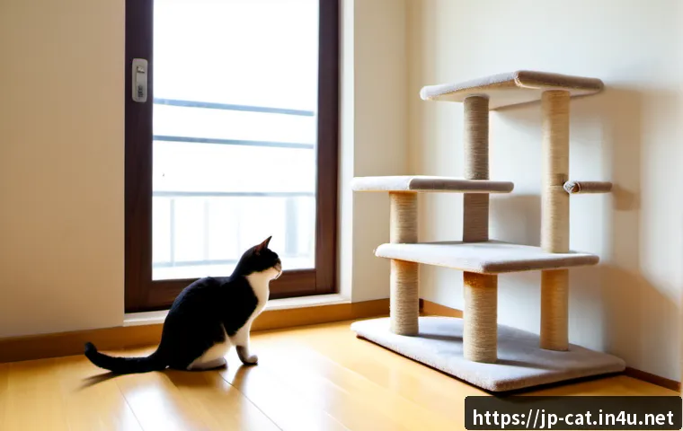 고양이 캣타워 조립법 - Photorealistic bright Japanese apartment living room, a calm adult assembling a modern beige cat tow...