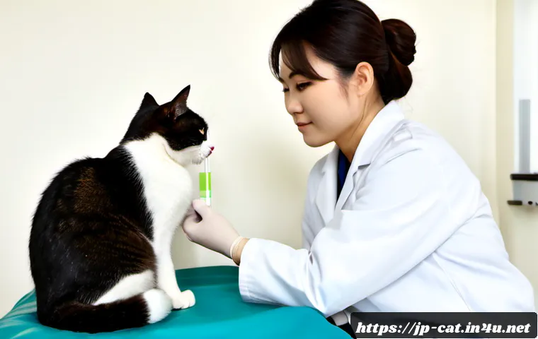고양이 유전자 검사 - Photorealistic veterinary clinic scene of a calm domestic shorthair cat sitting on a clean examinati...