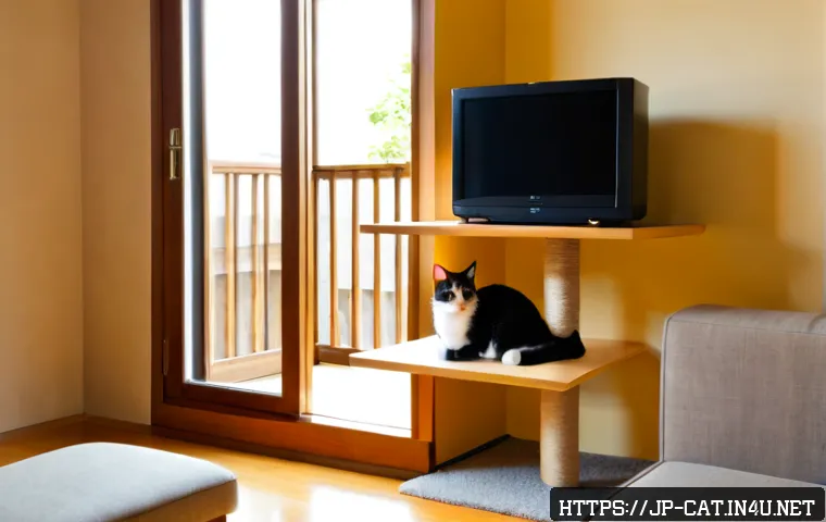 고양이 가구 배치법 - Photorealistic Japanese apartment living room arranged for a cat, wide eye-level view showing a sunl...